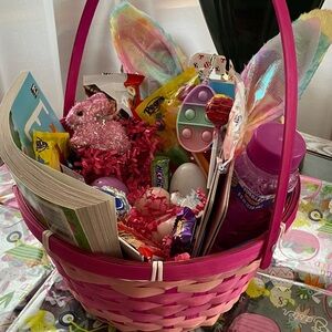 Pink Easter Basket loaded with toys and treats